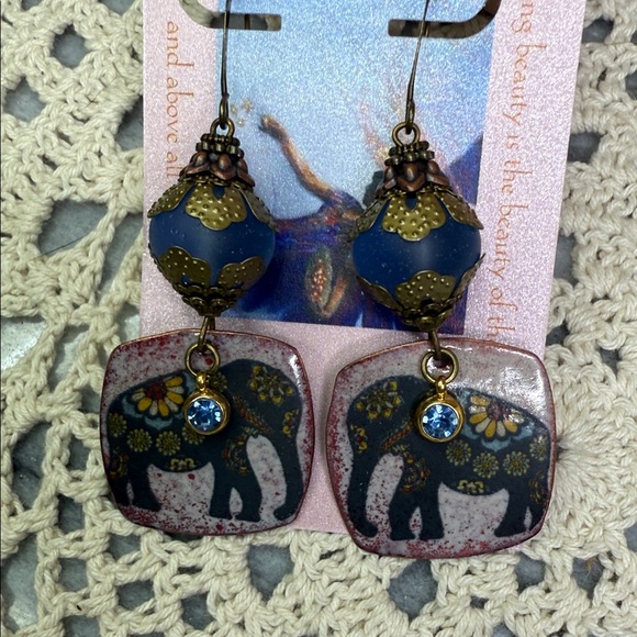 Enameled Elephant Design Dangle Earrings with Blue glass Accents